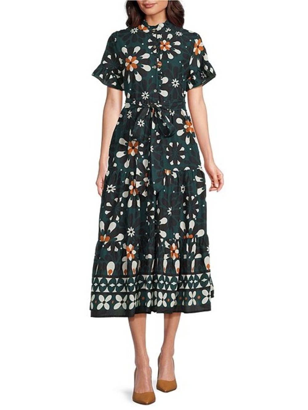 J. Marie Maxine Short Sleeve Button Front Midi Dress, Size M